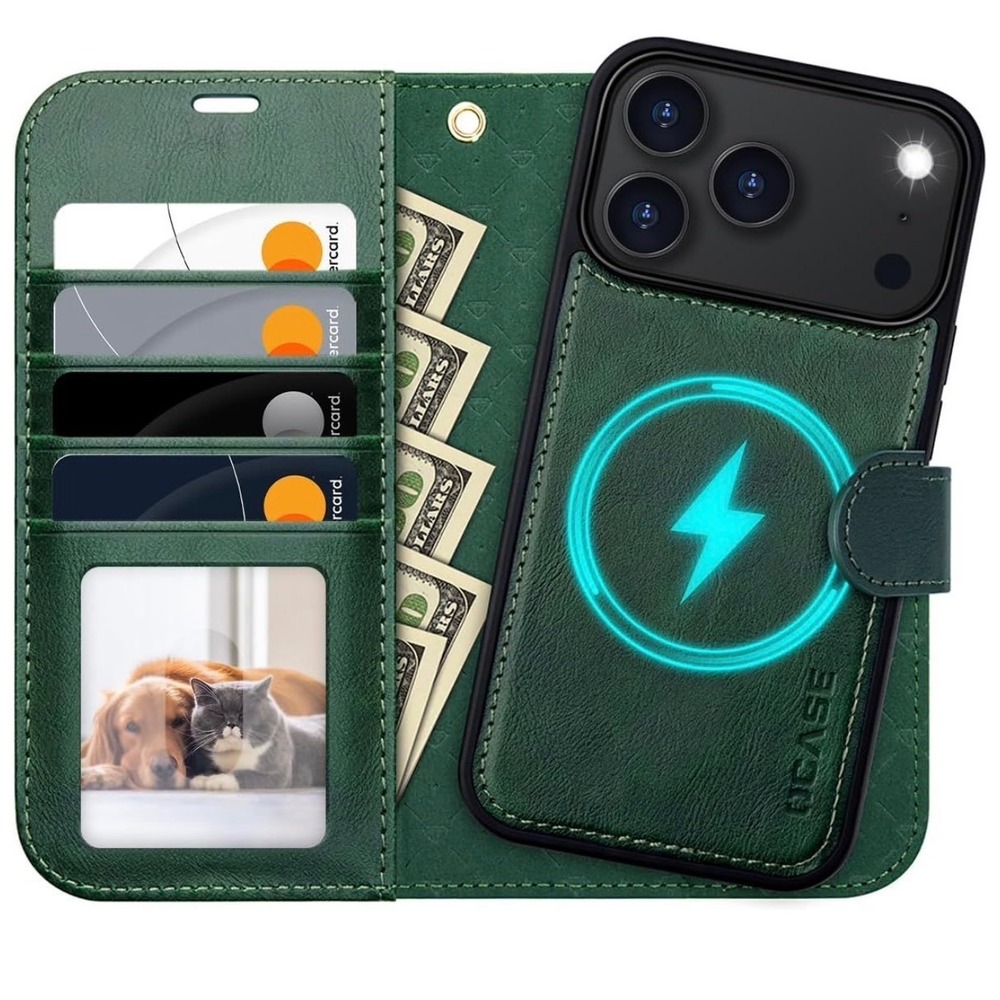 OCASE iPhone 17 Pro Max Detachable Wallet Case MagSafe RFID PU Leather Green